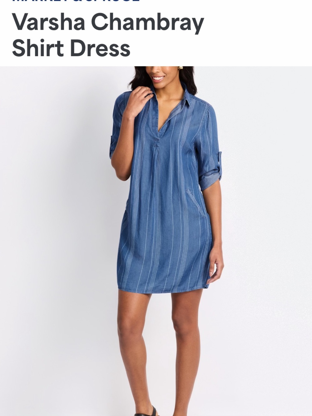 NWOT Market & Spruce Indigo-Striped Denim-Style Midi Shirt Dress